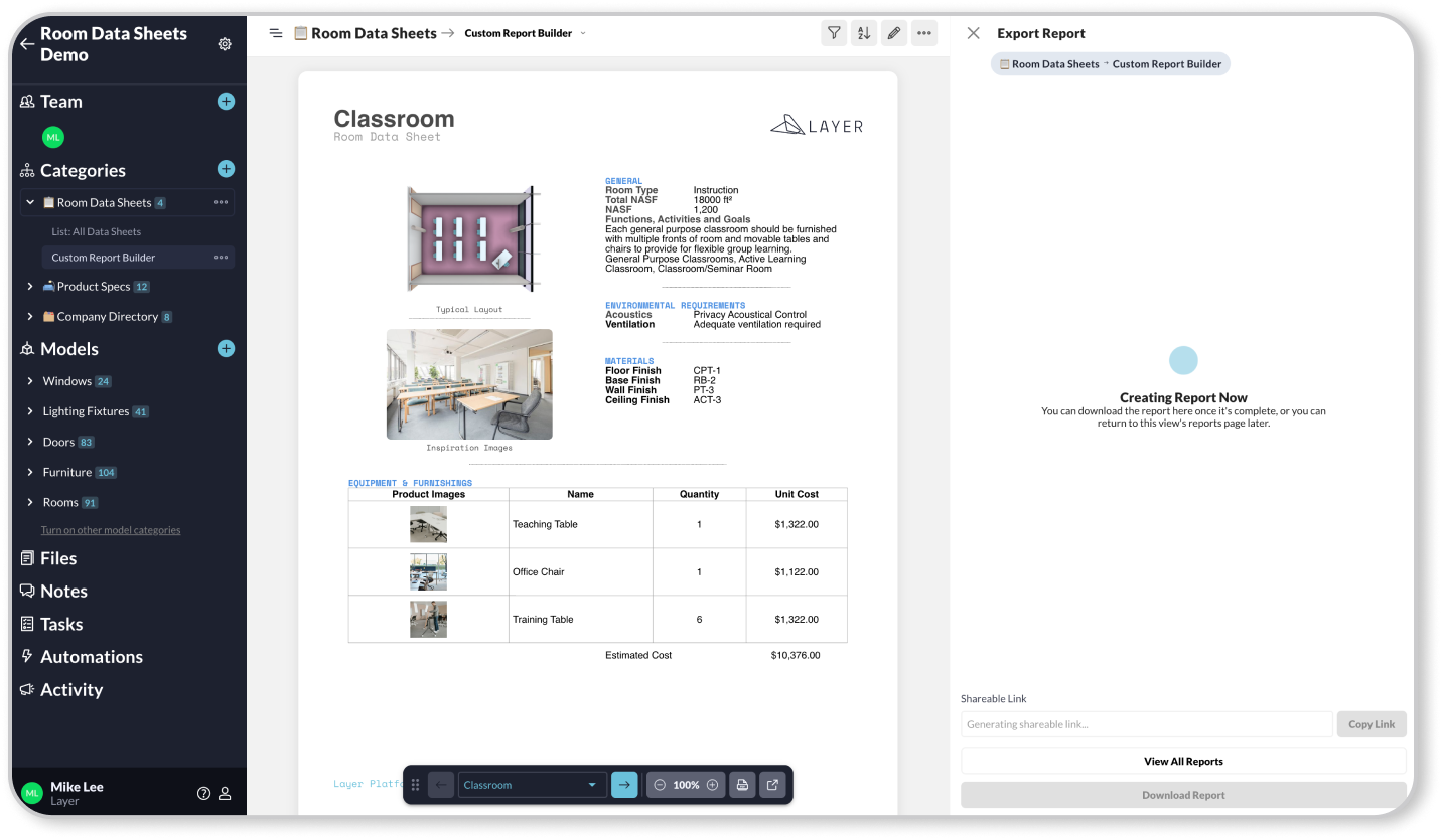 Export your room data sheets as PDFs to share with your clients